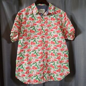 Straight Faded Men Large Flamingo Tropical Print Cotton Short Sleeve Button Down